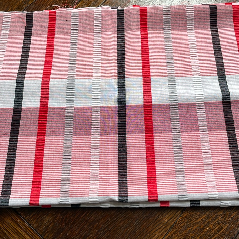 Fabric remnant: red, white, black large abstract plaid, seersucker stripes